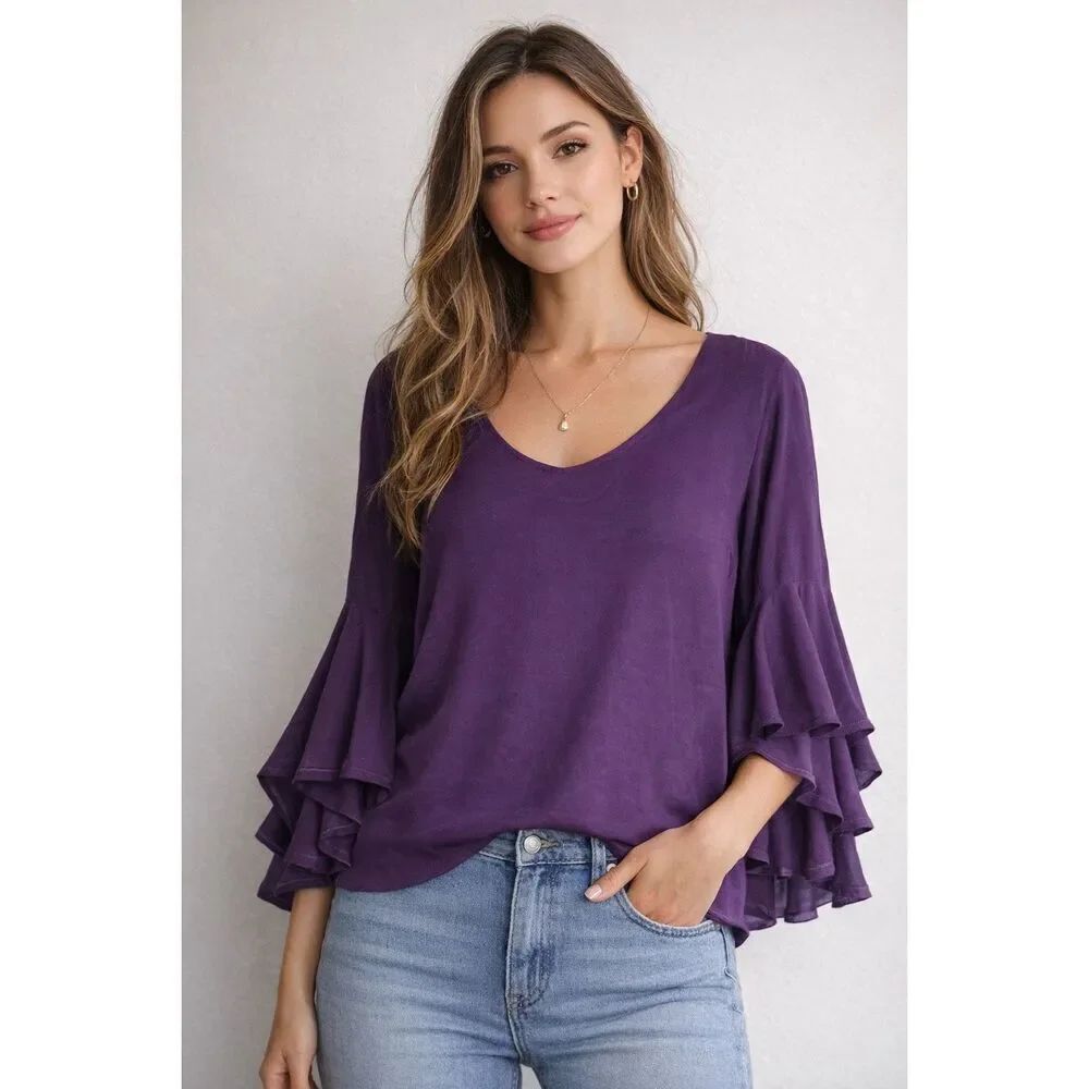 Quintess Purple Blouse Bell Sleeve Ruffle Top Boho Flowy Size M Approx * Notes